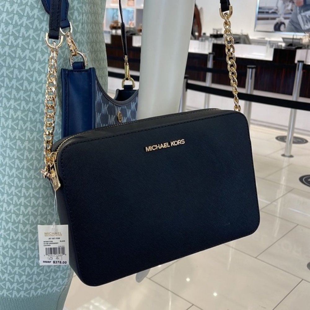 Michael Kors Jet Set Item Large East West Zip Crossbody Leather Black - Picture 13 of 16